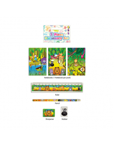 SET ESCOLAR JUNGLA 5 PIEZAS: LIBRETA, LÁPIZ, GOMA, REGLA, SP