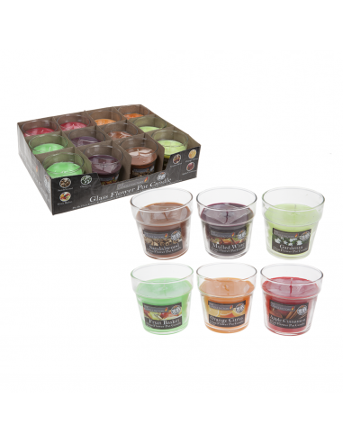 VELA DE 180GR EN RECIPIENTE DE VIDRIO TIPO MACETA AROMAS